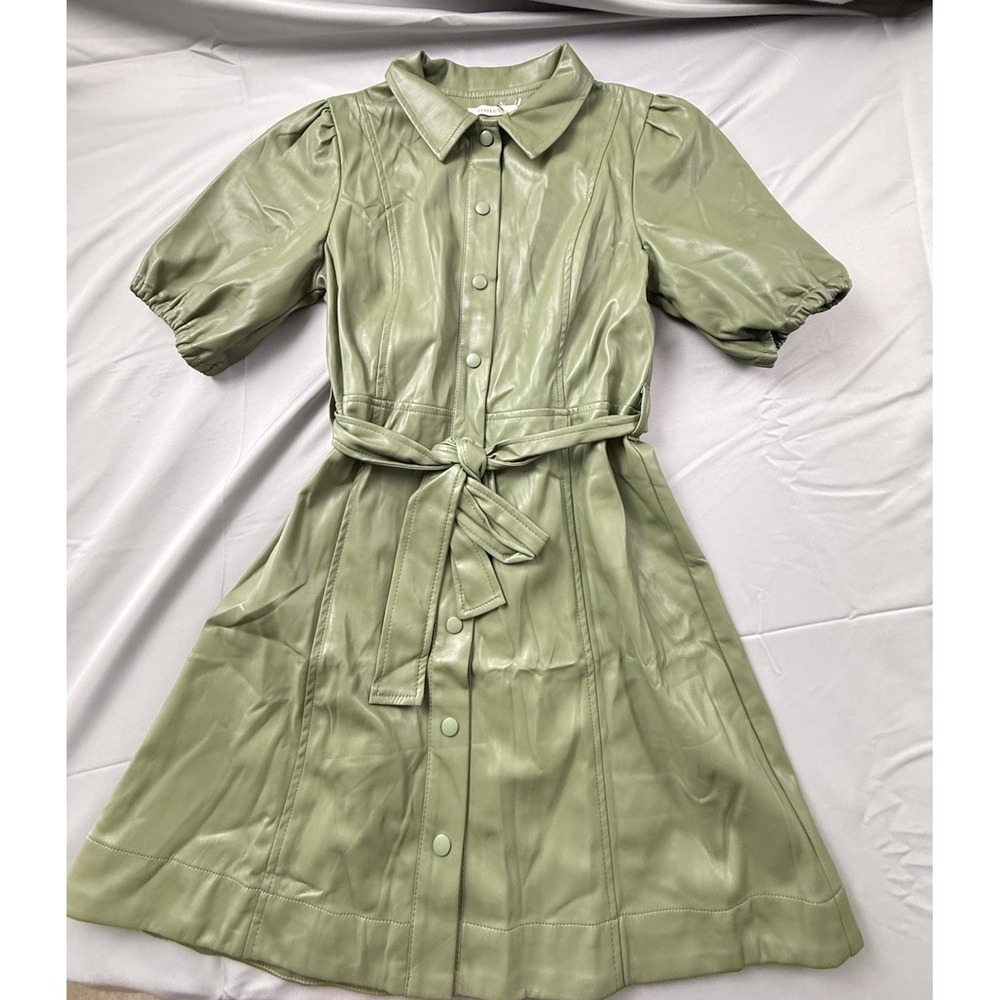 Ellison Faux Leather Dress Sage Green Belted Puff Sleeve Quiet Luxury